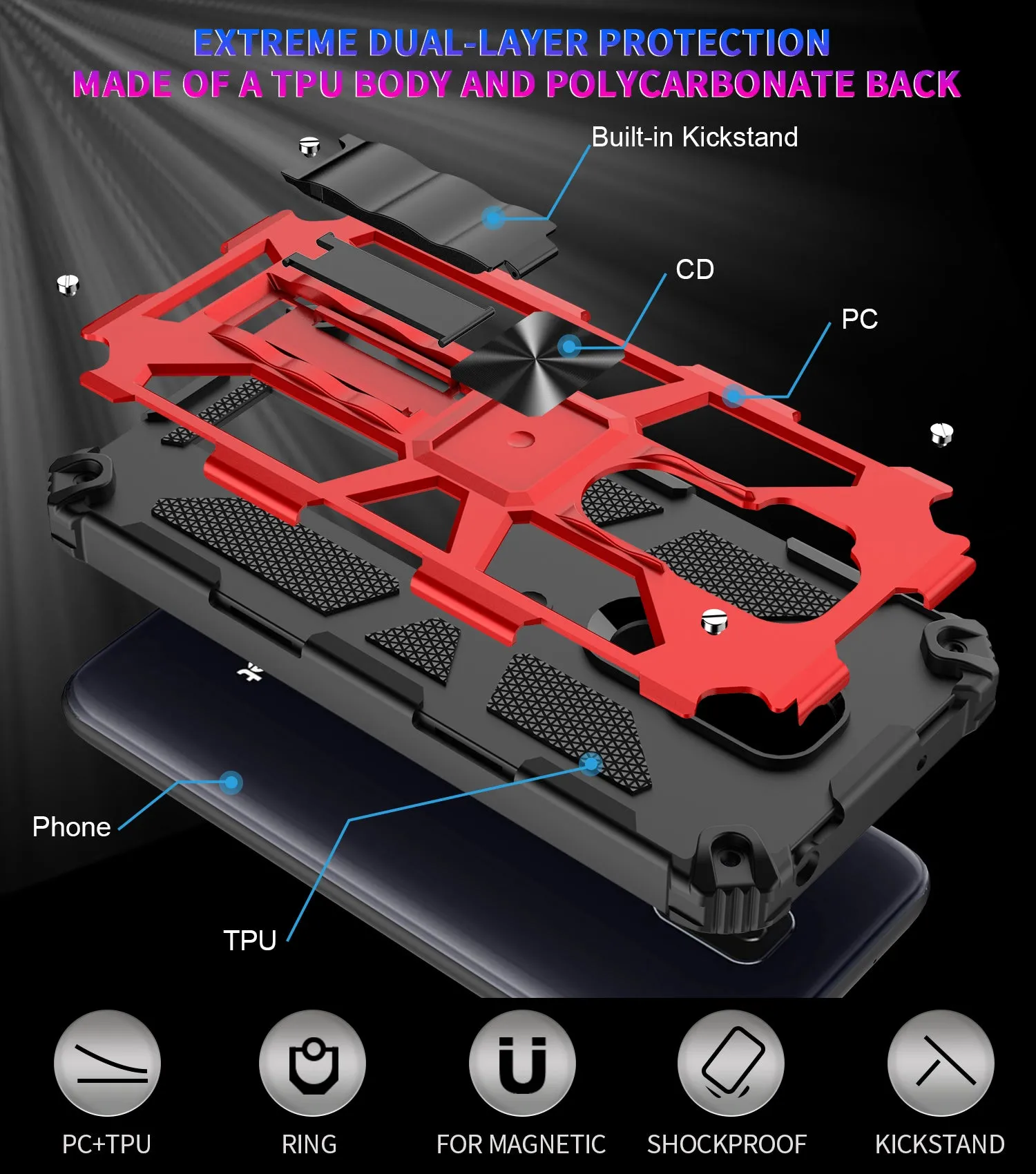 Cricket Influence Case/AT&T Maestro Plus Case [Military Grade] Ring Car Mount Kickstand Hybrid Hard PC Soft TPU Shockproof Protective Case - Red