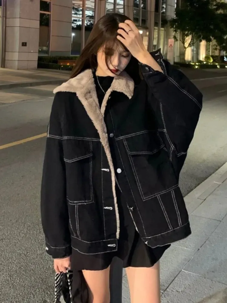 Dark Denim Stylish Fur Lining Jacket