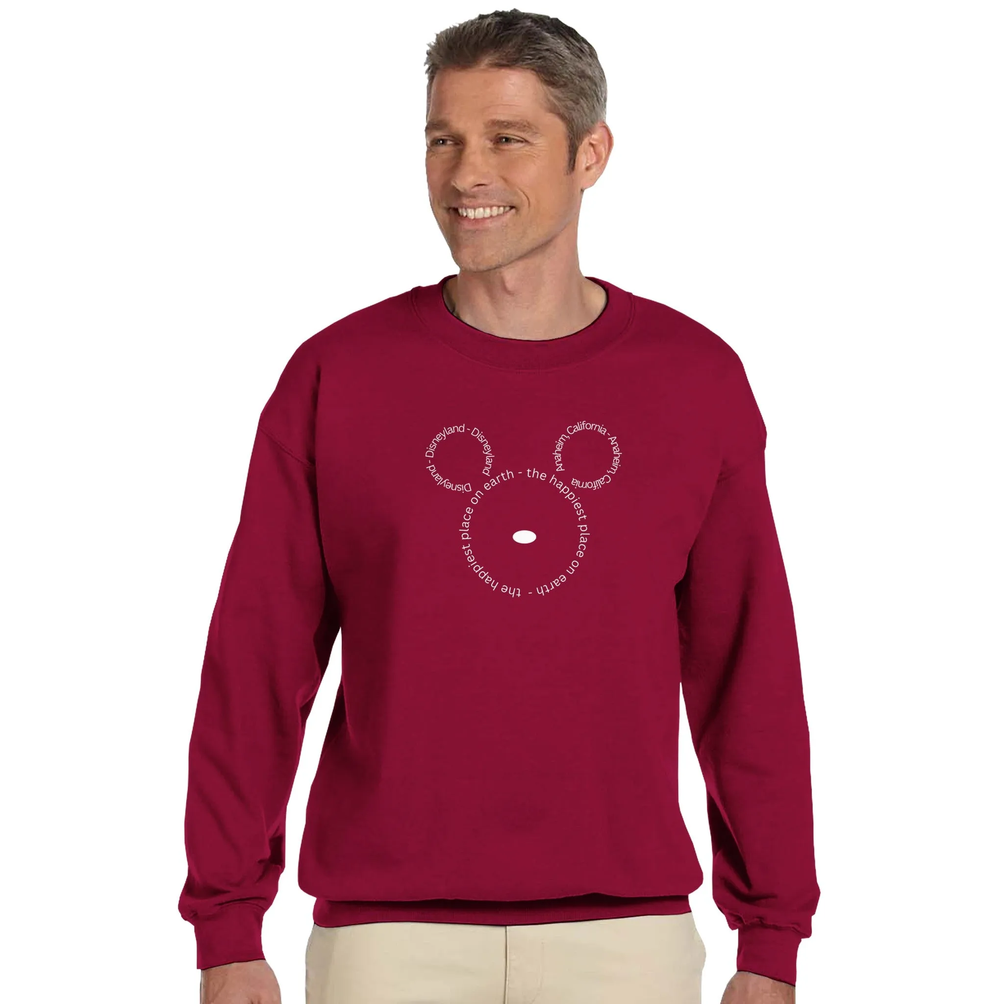 Disneyland, Anaheim, California, The Happiest Place On Earth (in white print) | Adult Unisex Crewneck Sweatshirt | Gildan® 18000