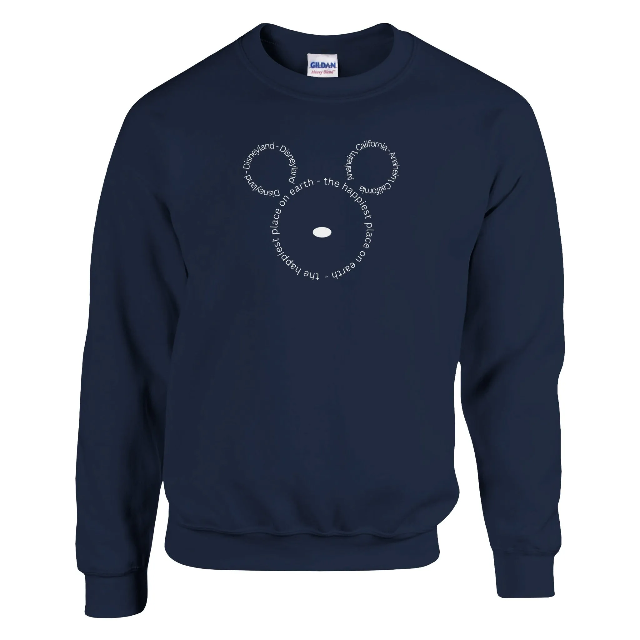 Disneyland, Anaheim, California, The Happiest Place On Earth (in white print) | Adult Unisex Crewneck Sweatshirt | Gildan® 18000