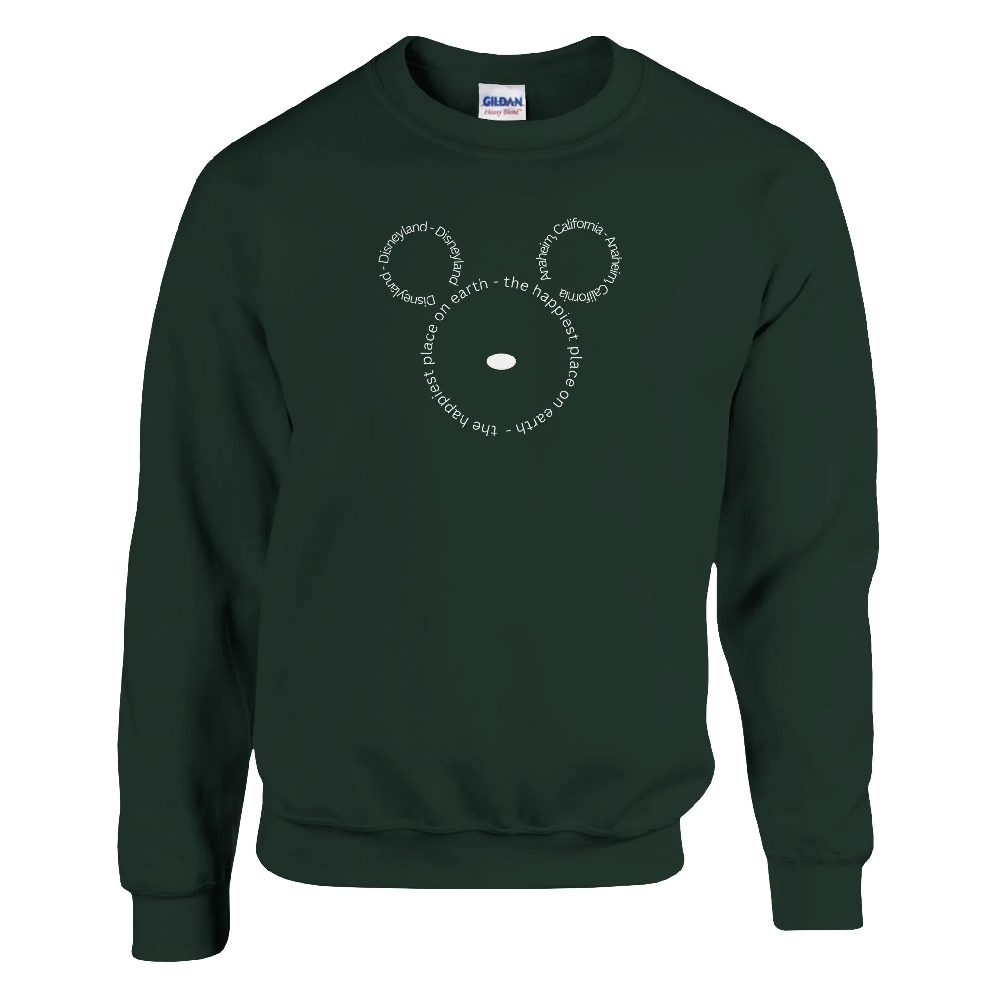 Disneyland, Anaheim, California, The Happiest Place On Earth (in white print) | Adult Unisex Crewneck Sweatshirt | Gildan® 18000