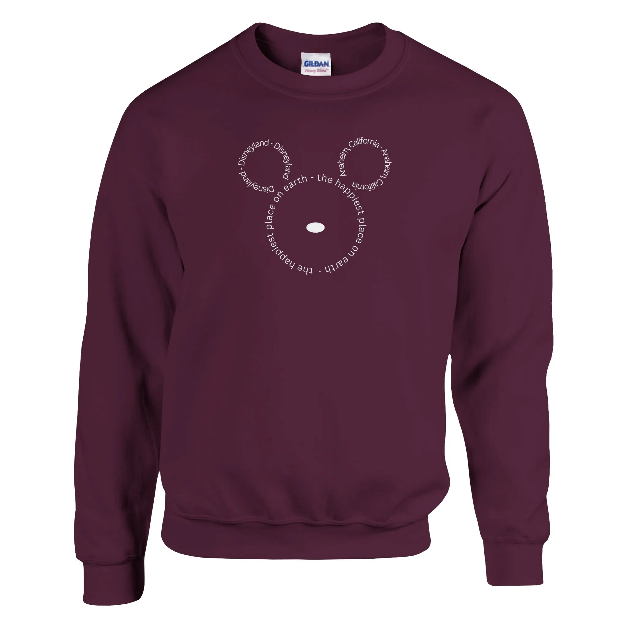 Disneyland, Anaheim, California, The Happiest Place On Earth (in white print) | Adult Unisex Crewneck Sweatshirt | Gildan® 18000