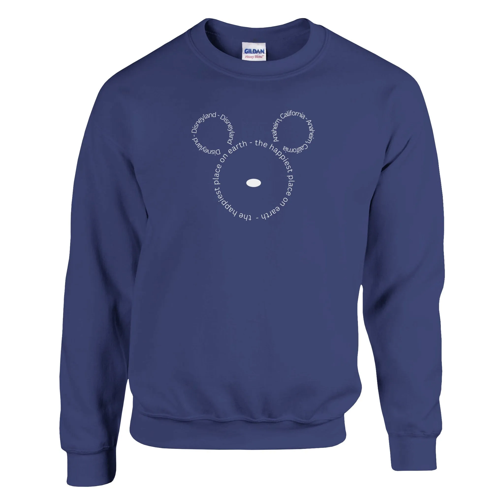 Disneyland, Anaheim, California, The Happiest Place On Earth (in white print) | Adult Unisex Crewneck Sweatshirt | Gildan® 18000