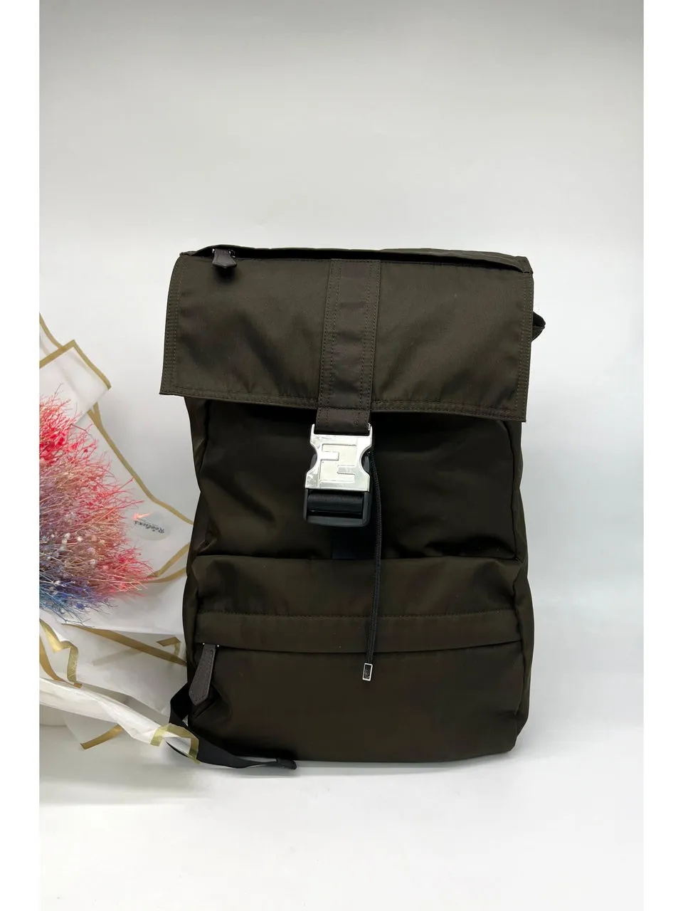 FENDI Econyl Nylon Cuoio Roma Medium Fendiness Backpack Ebano