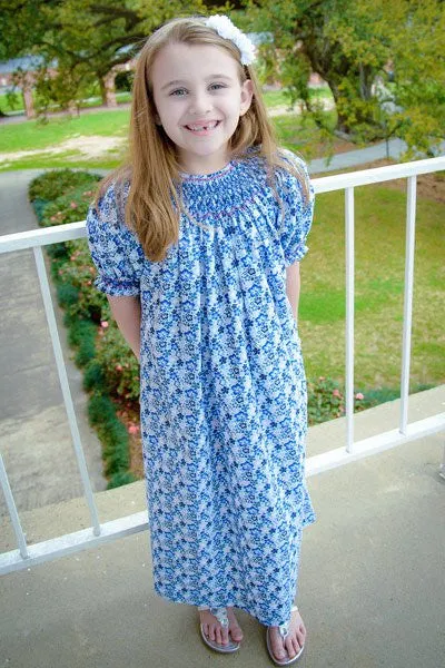 Girls Demure Hand Smocked Blue Floral Bishop Dress