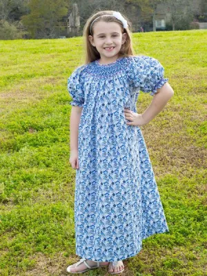 Girls Demure Hand Smocked Blue Floral Bishop Dress