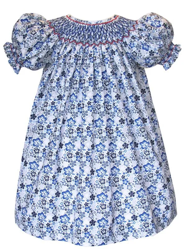 Girls Demure Hand Smocked Blue Floral Bishop Dress