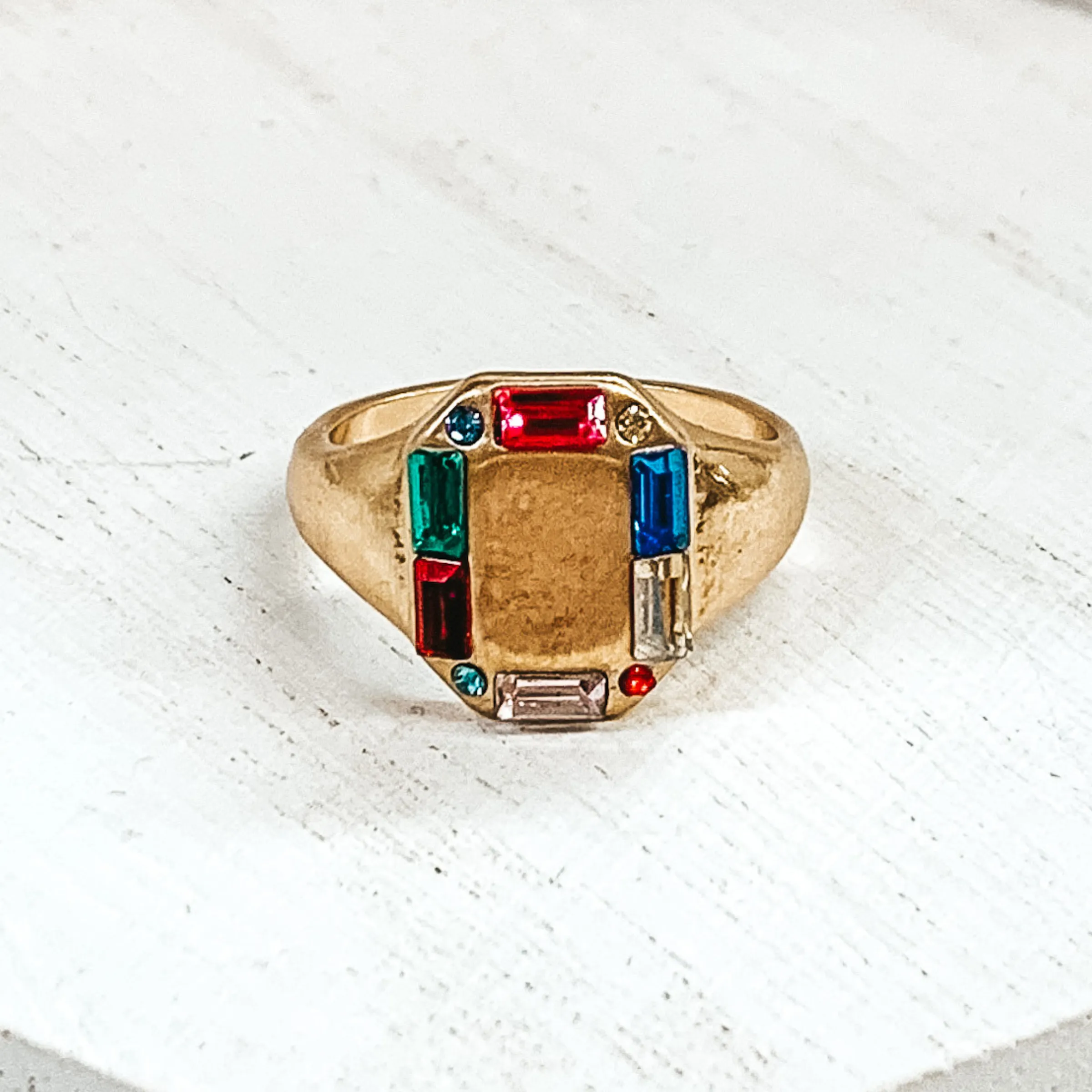 Gold Tone Rectangle Shaped Ring with Multicolored Outline Crystals