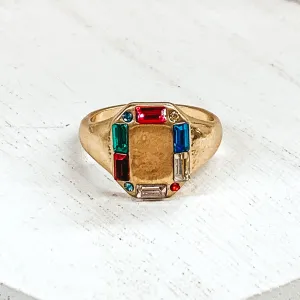 Gold Tone Rectangle Shaped Ring with Multicolored Outline Crystals