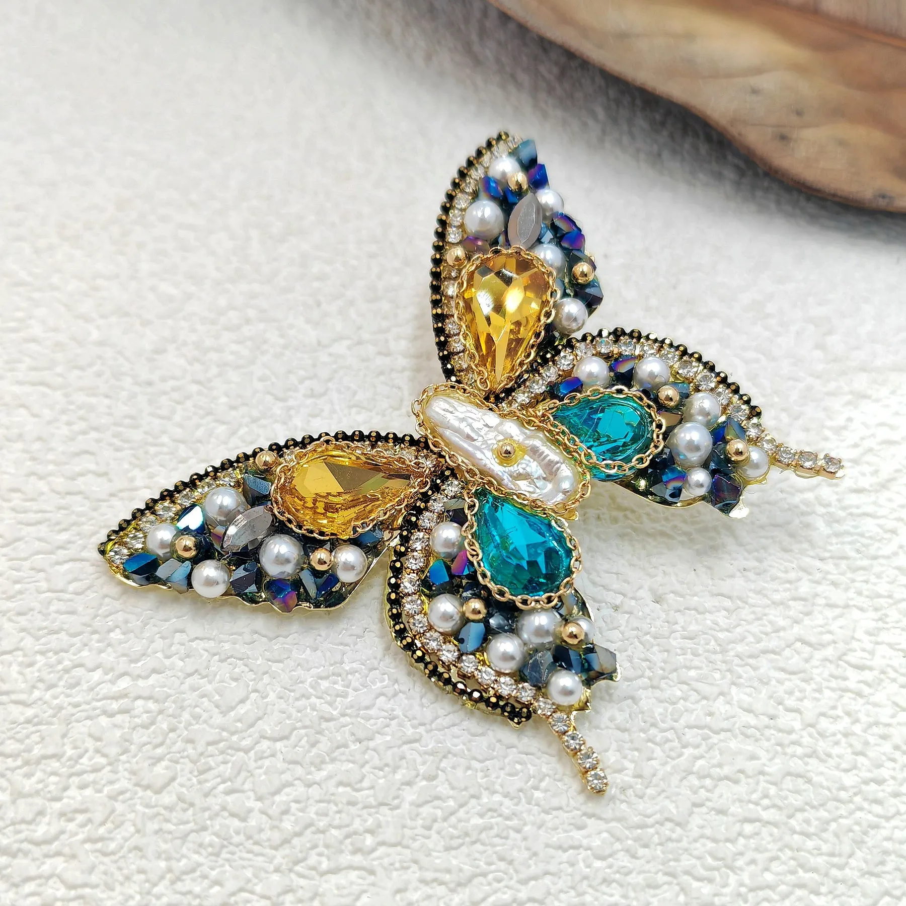 Gorgeous Crystal and Seed Beads Multi Color Butterfly Brooch Pin with Gold Chain Accent