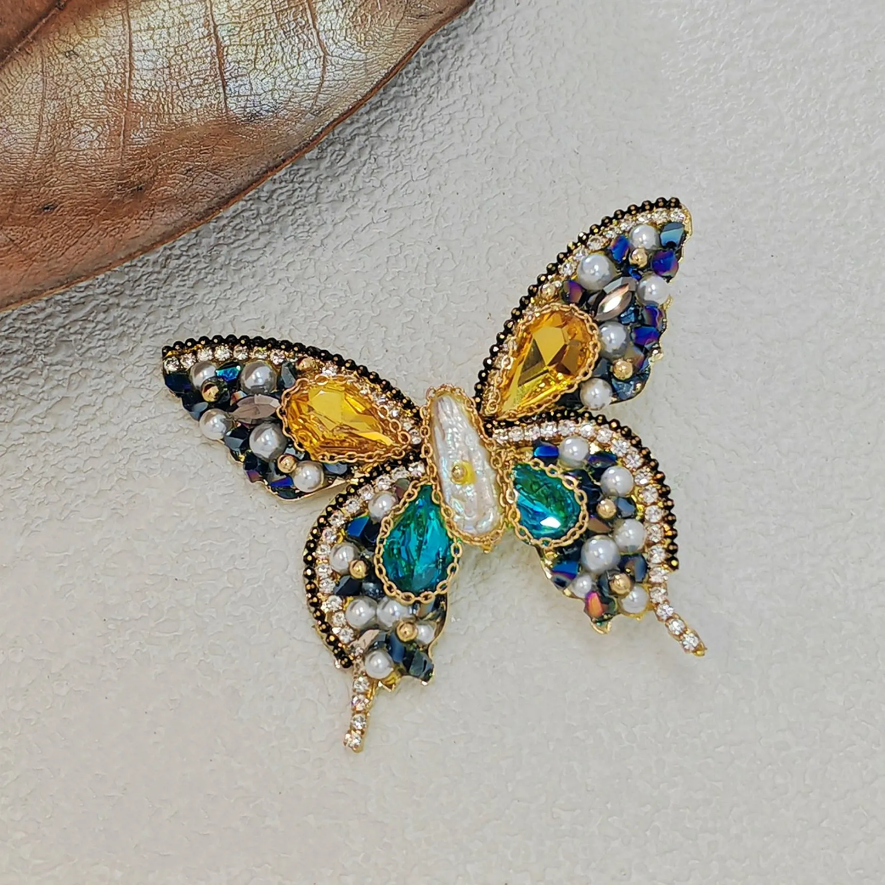 Gorgeous Crystal and Seed Beads Multi Color Butterfly Brooch Pin with Gold Chain Accent