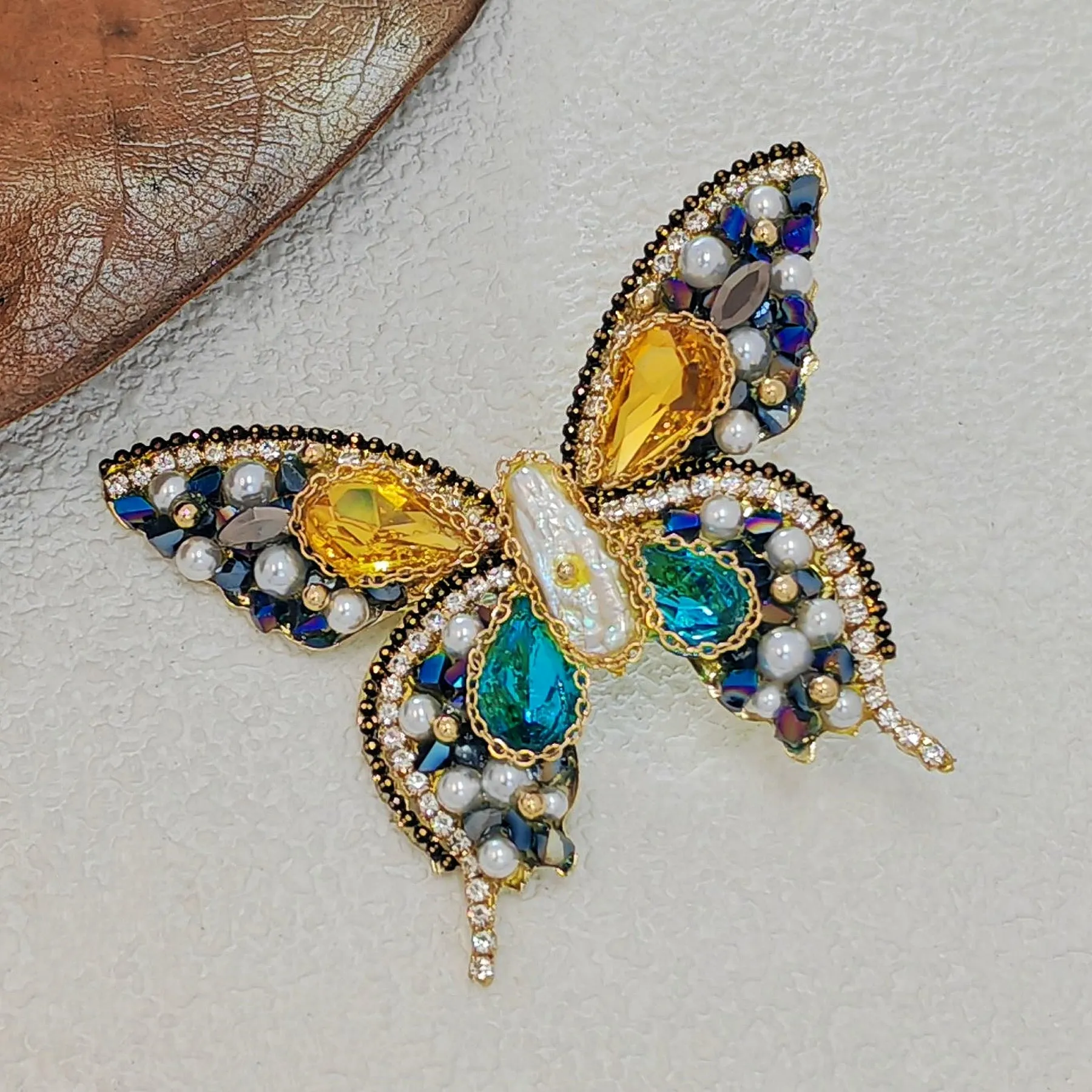 Gorgeous Crystal and Seed Beads Multi Color Butterfly Brooch Pin with Gold Chain Accent
