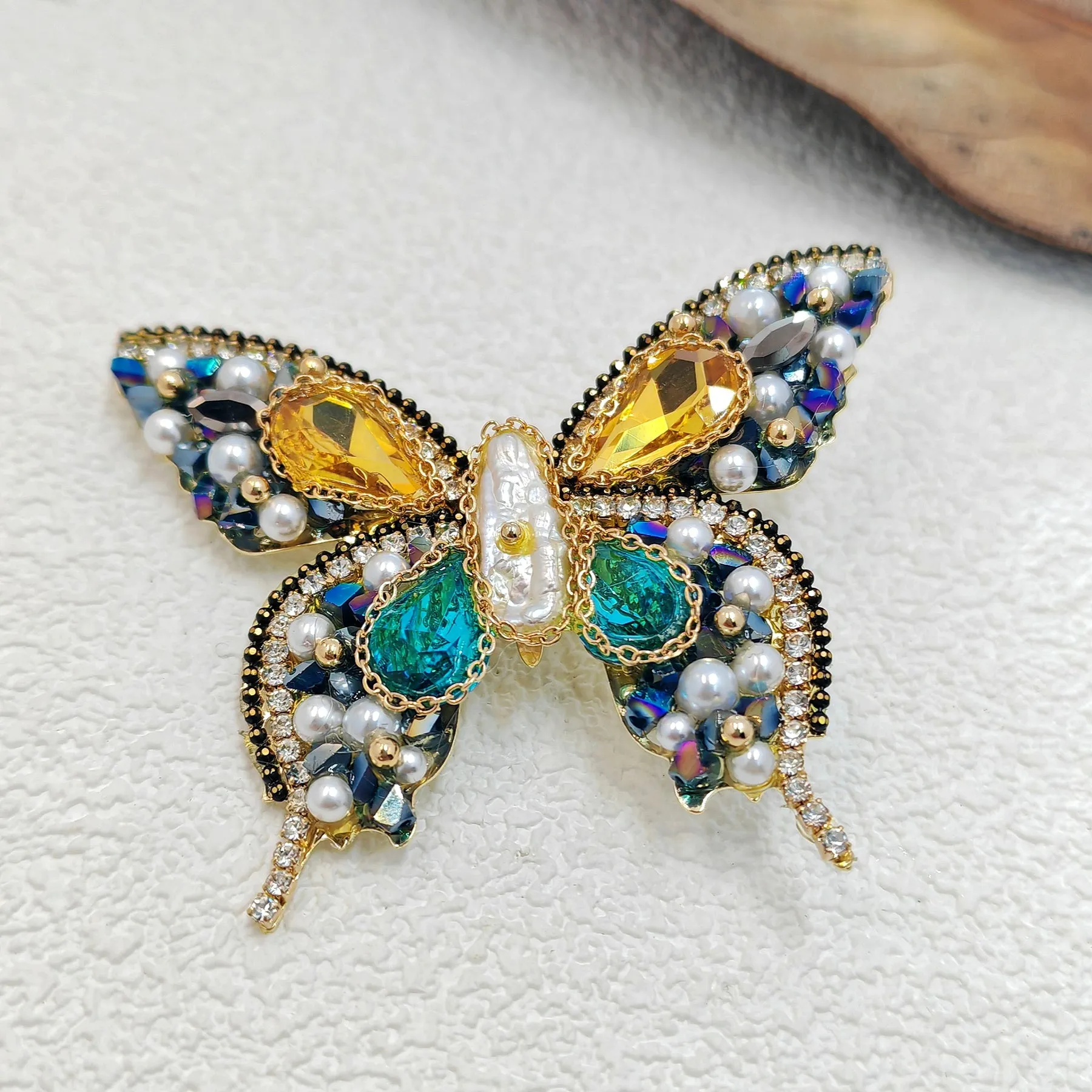 Gorgeous Crystal and Seed Beads Multi Color Butterfly Brooch Pin with Gold Chain Accent