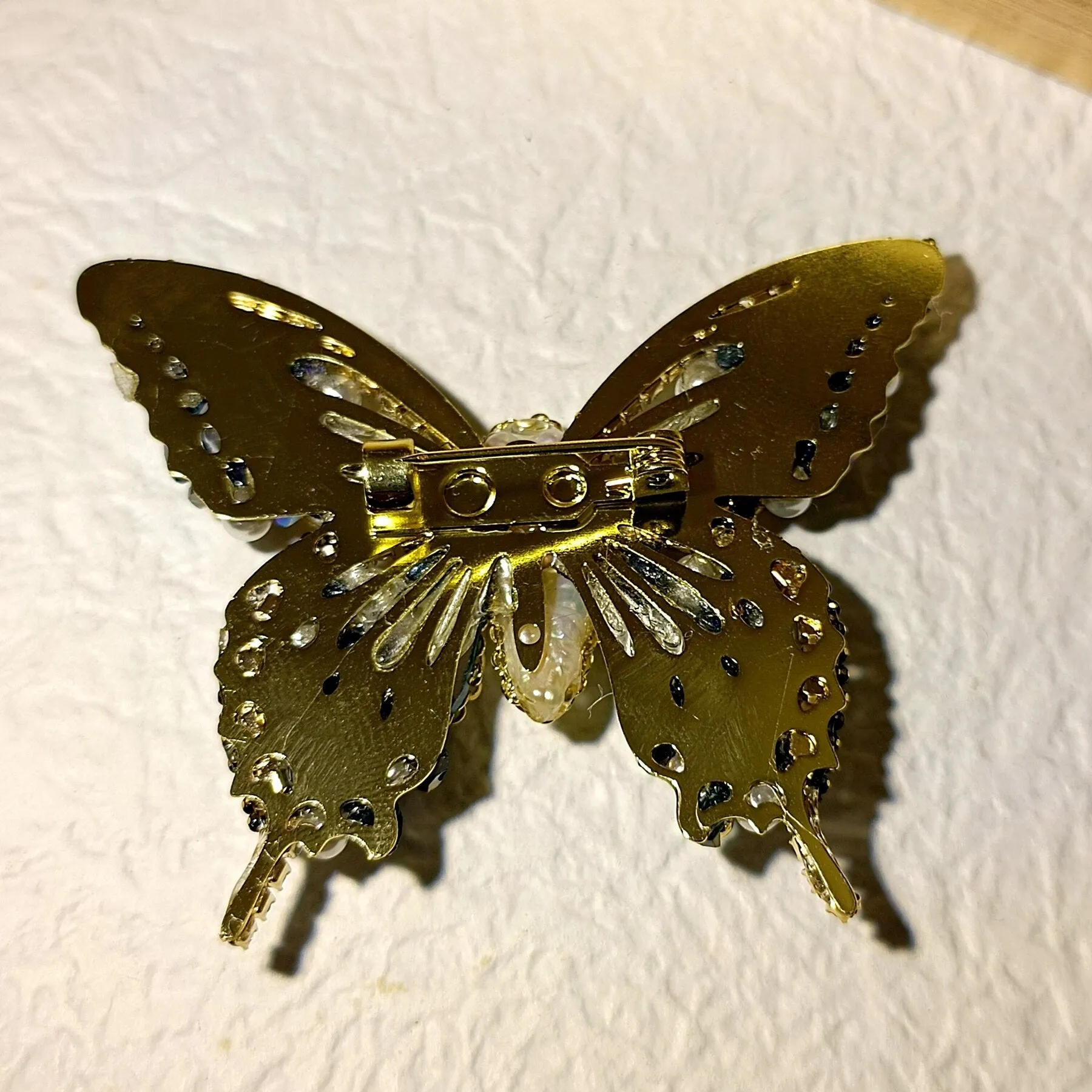 Gorgeous Crystal and Seed Beads Multi Color Butterfly Brooch Pin with Gold Chain Accent