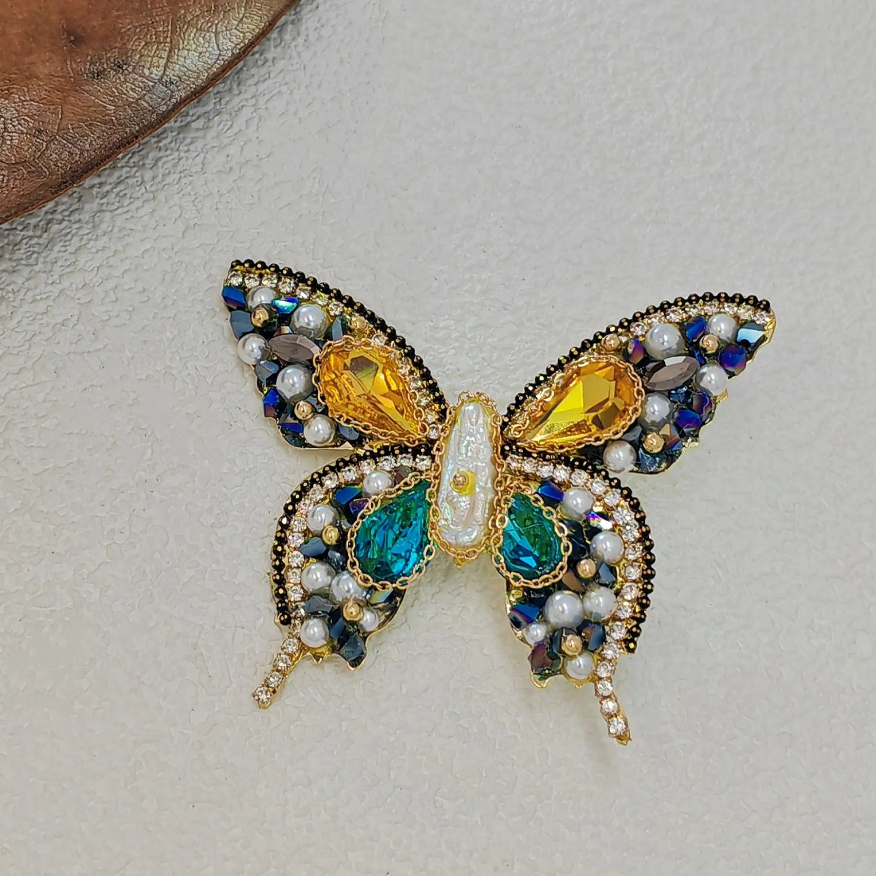 Gorgeous Crystal and Seed Beads Multi Color Butterfly Brooch Pin with Gold Chain Accent