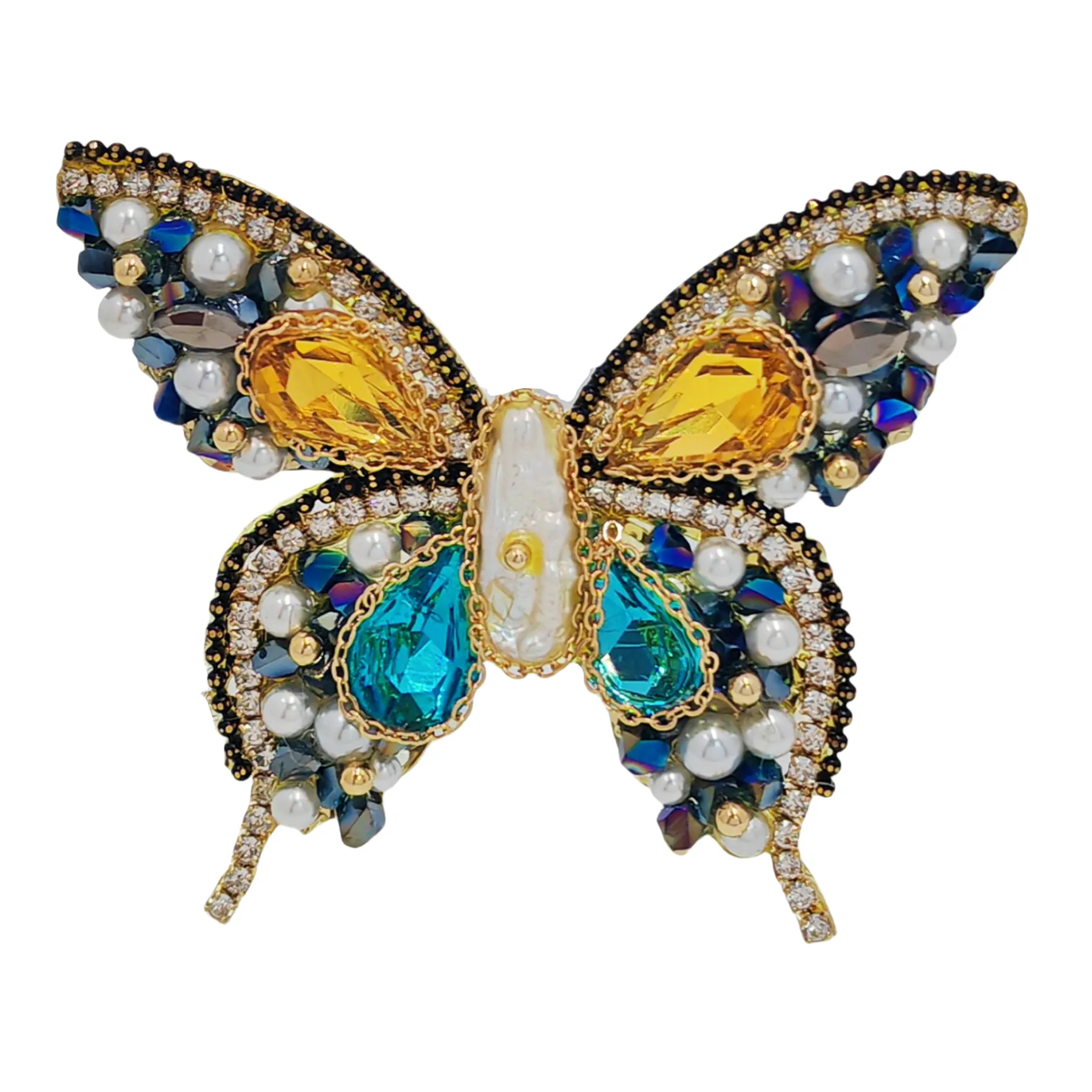 Gorgeous Crystal and Seed Beads Multi Color Butterfly Brooch Pin with Gold Chain Accent