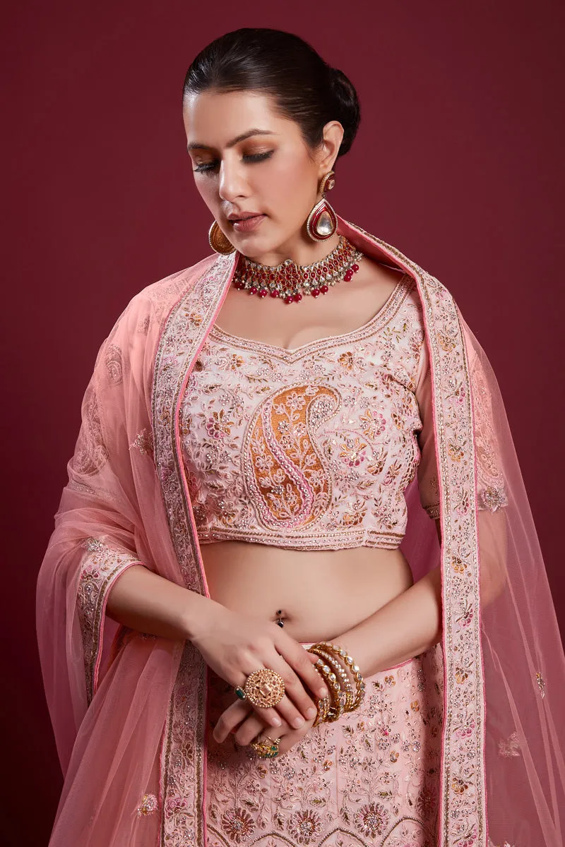 Gorgeous Georgette Pink Lehenga With Embroidered And Thread Work