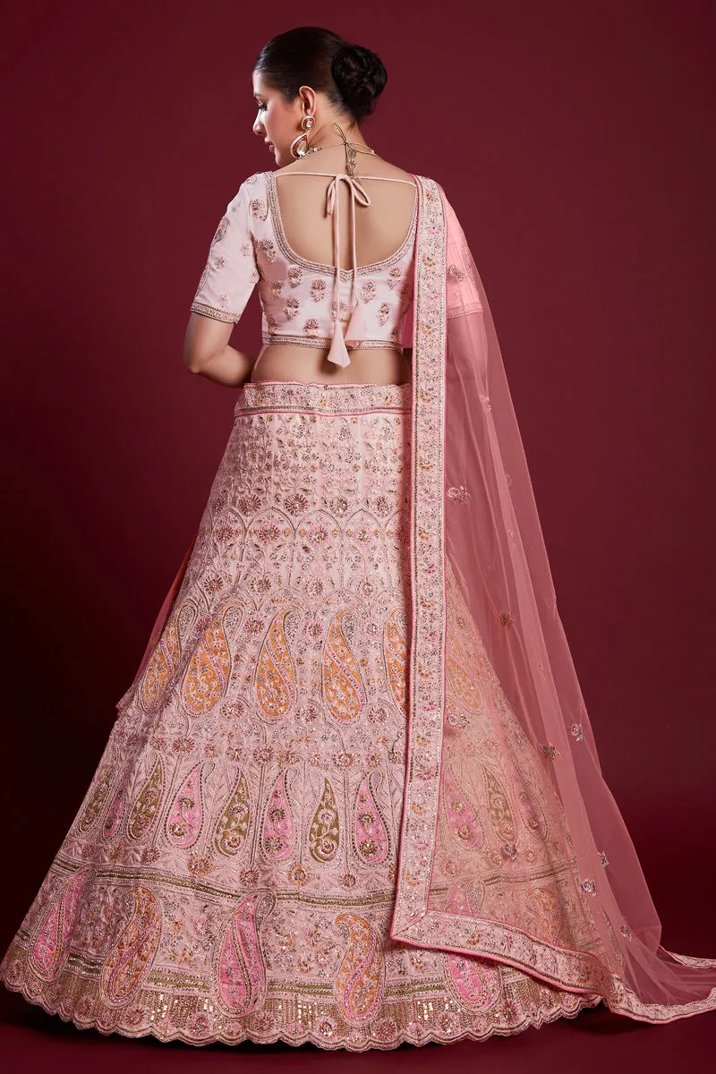 Gorgeous Georgette Pink Lehenga With Embroidered And Thread Work
