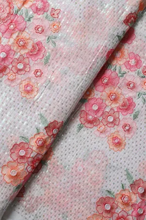 Gorgeous Multi Color Floral Embroidery With Sequins Work On White Viscose Georgette Fabric