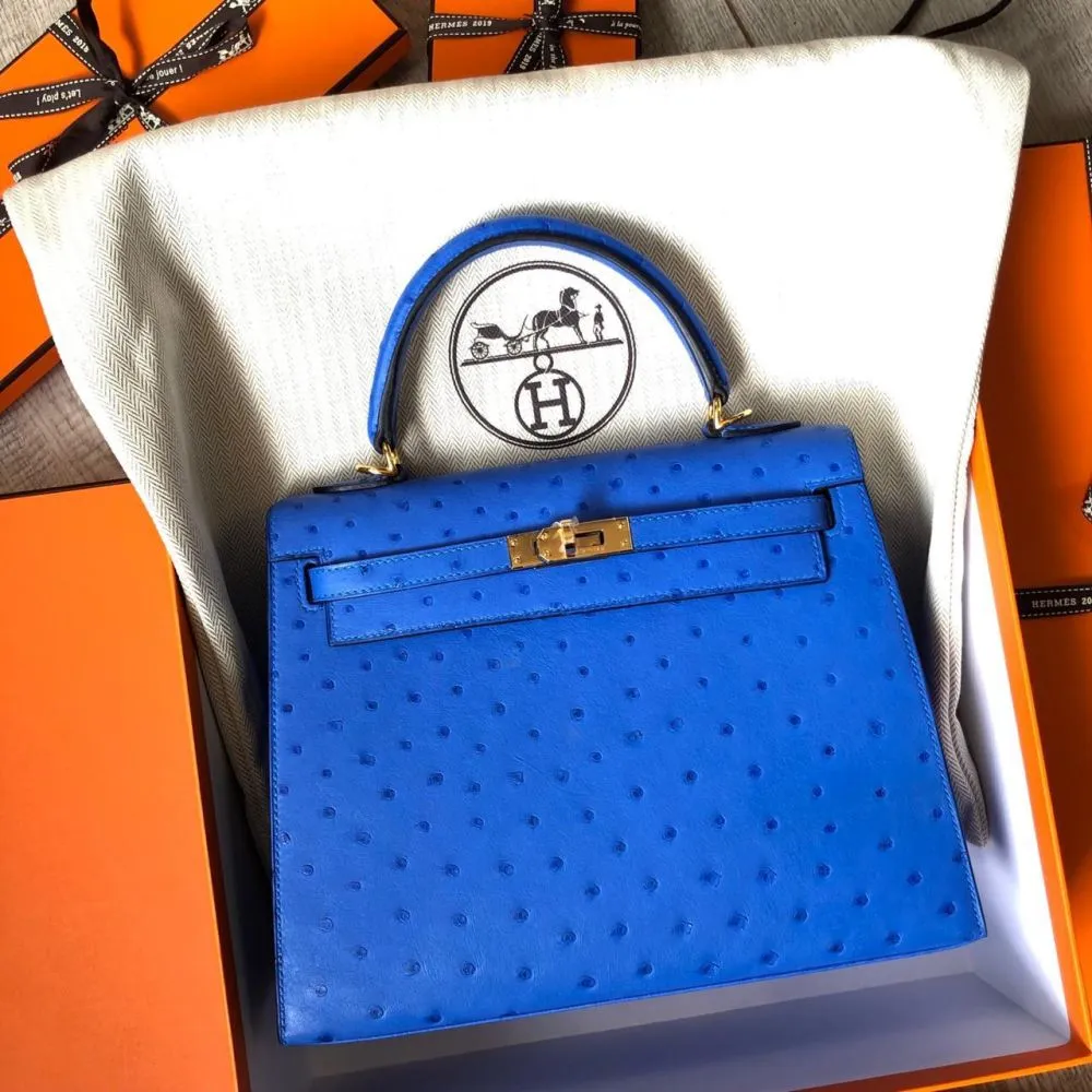 Hermès Kelly 25 Bleuet Ostrich Gold Hardware GHW