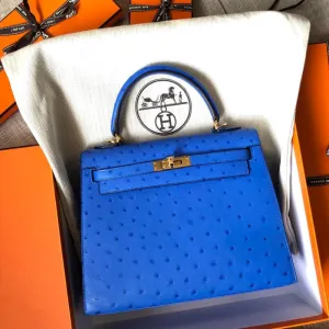Hermès Kelly 25 Bleuet Ostrich Gold Hardware GHW