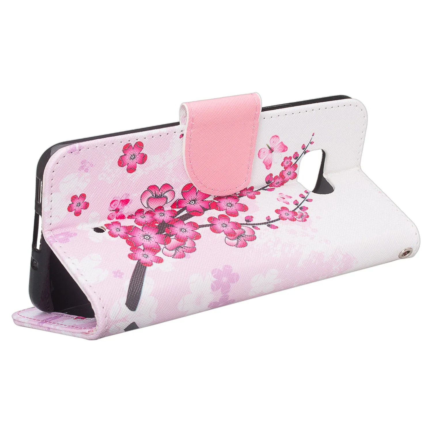 HTC U11 Case, U11 Wallet Case, Wrist Strap Pu Leather Wallet Case [Kickstand] with ID & Credit Card Slots - Cherry Blossom