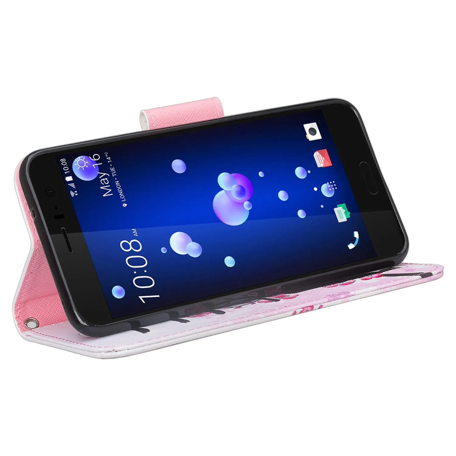 HTC U11 Case, U11 Wallet Case, Wrist Strap Pu Leather Wallet Case [Kickstand] with ID & Credit Card Slots - Cherry Blossom