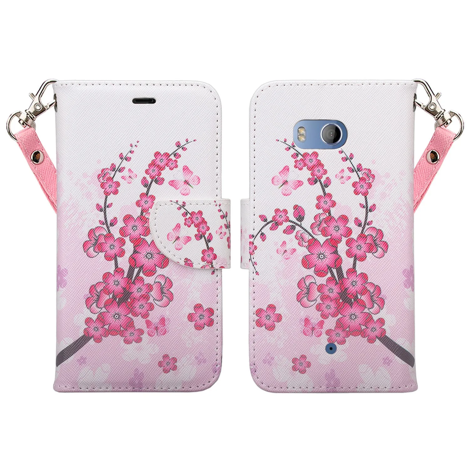 HTC U11 Case, U11 Wallet Case, Wrist Strap Pu Leather Wallet Case [Kickstand] with ID & Credit Card Slots - Cherry Blossom