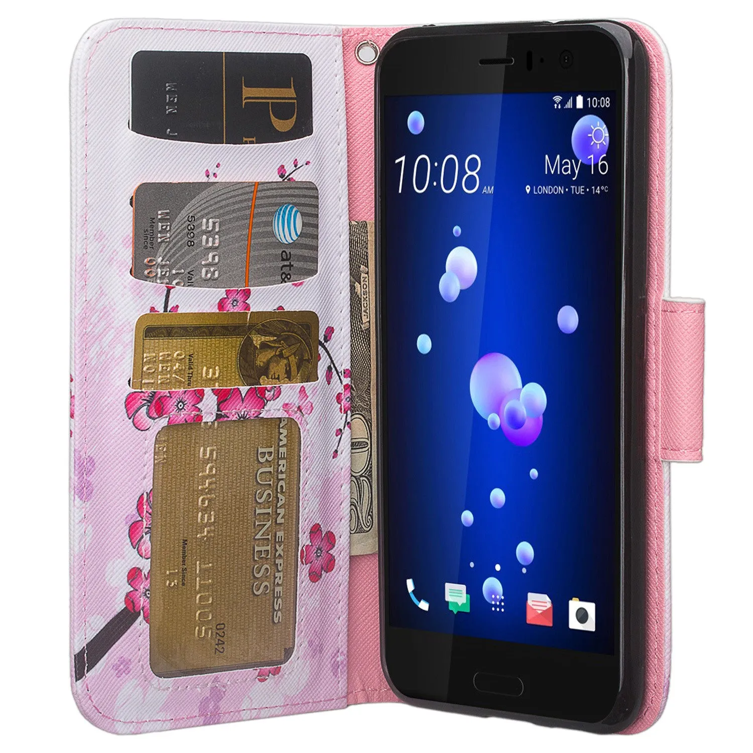 HTC U11 Case, U11 Wallet Case, Wrist Strap Pu Leather Wallet Case [Kickstand] with ID & Credit Card Slots - Cherry Blossom