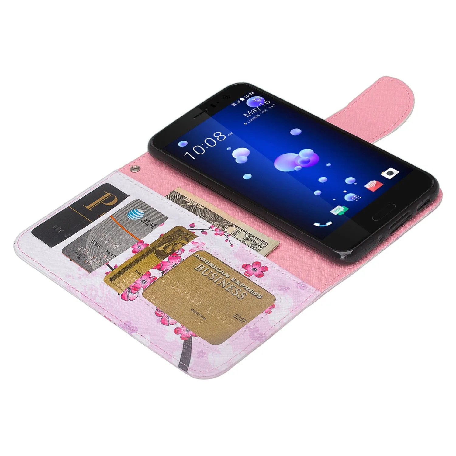 HTC U11 Case, U11 Wallet Case, Wrist Strap Pu Leather Wallet Case [Kickstand] with ID & Credit Card Slots - Cherry Blossom