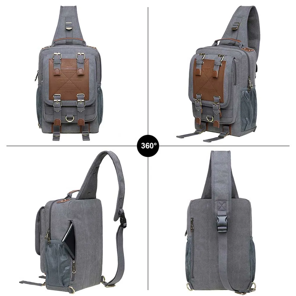 KAUKKO Canvas Crossbody Sling Bag Backpack for Cycling, Hiking, Camping, and Commuting, FD252-3 ( Grey )