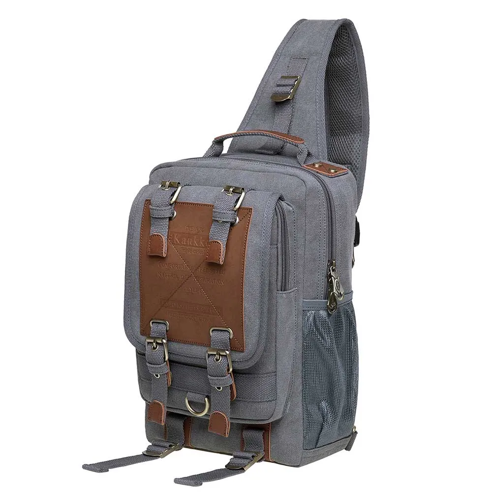 KAUKKO Canvas Crossbody Sling Bag Backpack for Cycling, Hiking, Camping, and Commuting, FD252-3 ( Grey )