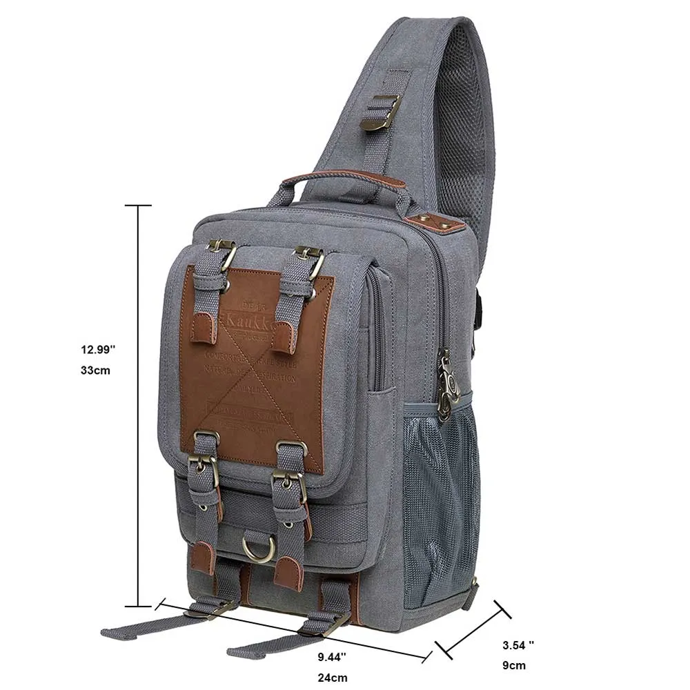 KAUKKO Canvas Crossbody Sling Bag Backpack for Cycling, Hiking, Camping, and Commuting, FD252-3 ( Grey )