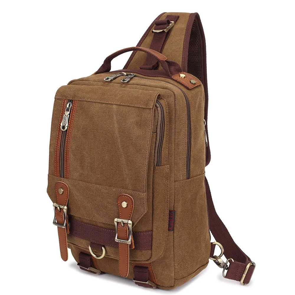KAUKKO Canvas Crossbody Sling Bag Backpack for Cycling, Hiking, Camping, and Commuting, FD252 ( Khaki )