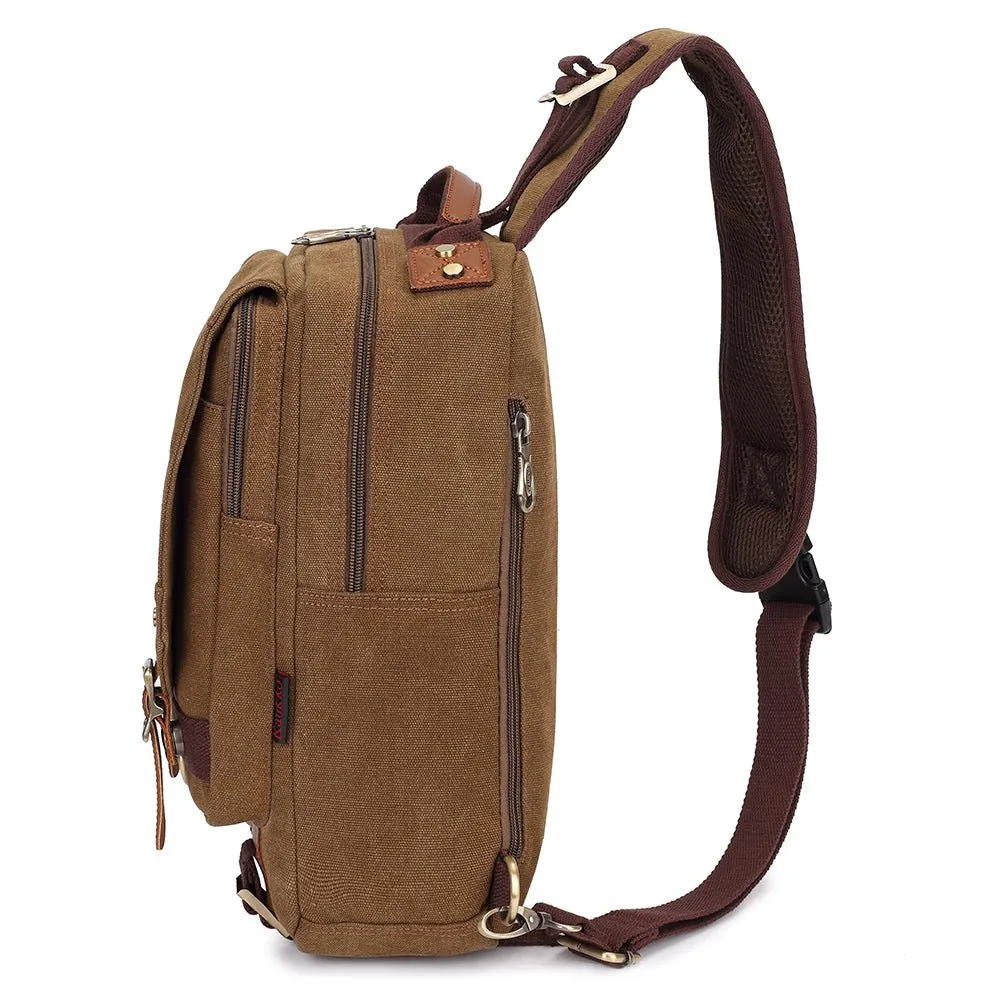 KAUKKO Canvas Crossbody Sling Bag Backpack for Cycling, Hiking, Camping, and Commuting, FD252 ( Khaki )