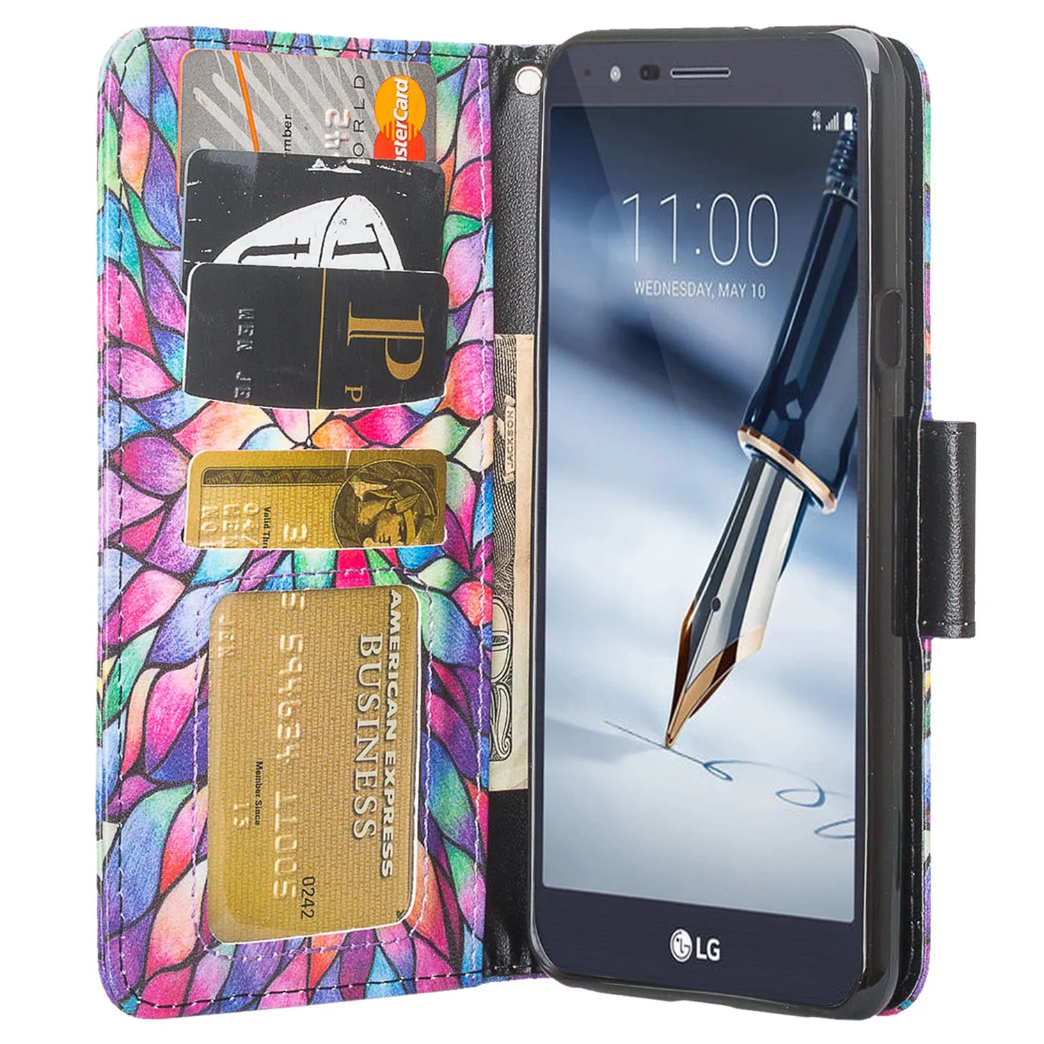 LG Prime 2 Case,Aristo 4 /Aristo 4 Plus Wallet Case, Wrist Strap Pu Leather Wallet Case [Kickstand] with ID & Credit Card Slots - Rainbow Flower