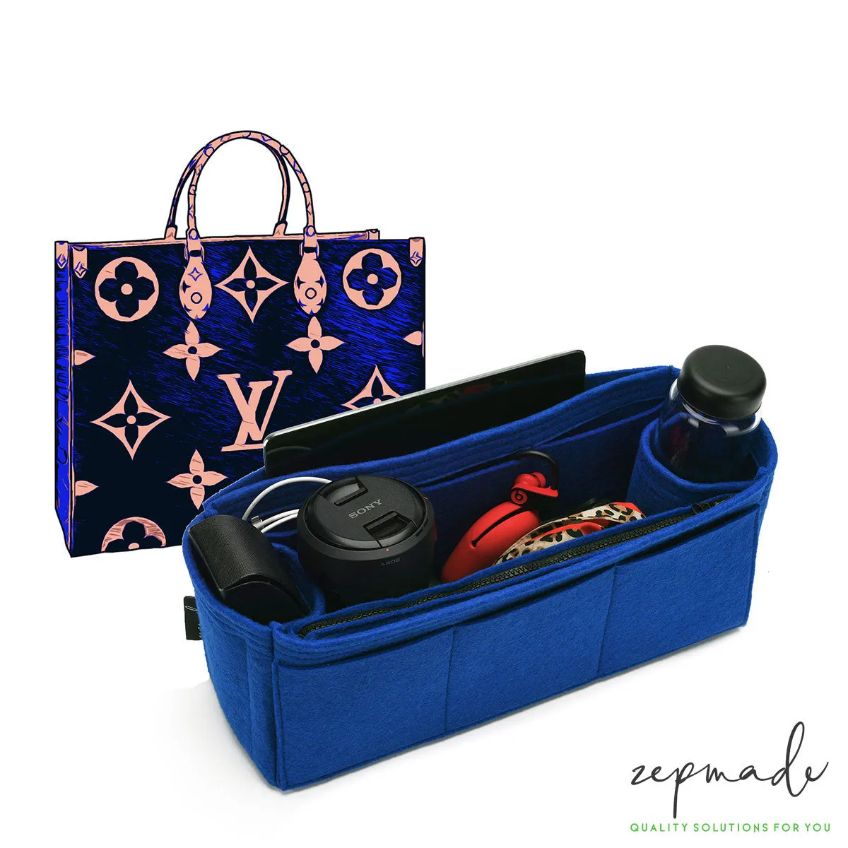 Louis Vuitton Onthego Purse Organizer Insert, Bag Organizer with Zipper Side Pouch and Double Bottle Holders