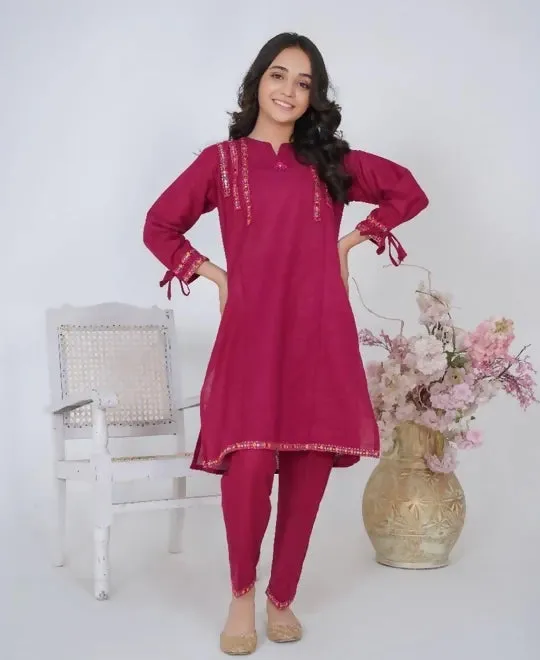 MAHROON kHADDAR GIRLS 2PC SUIT