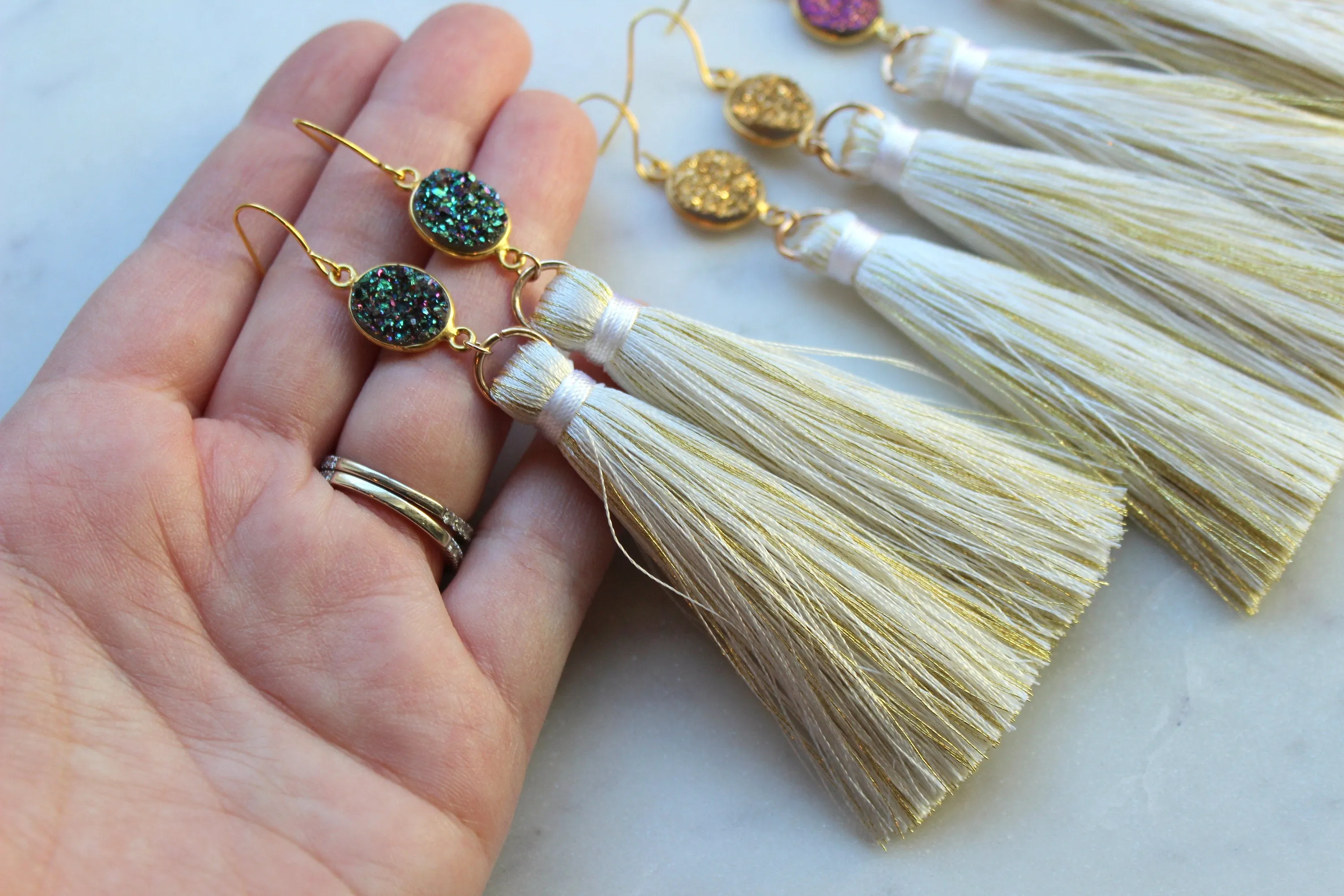 Mardi Gras Earrings, Mardi Gras Jewelry, Gold and Cream Tassel, Gold Tassel Earrings, Statement Earrings, Druzy Earrings, Festival Earrings
