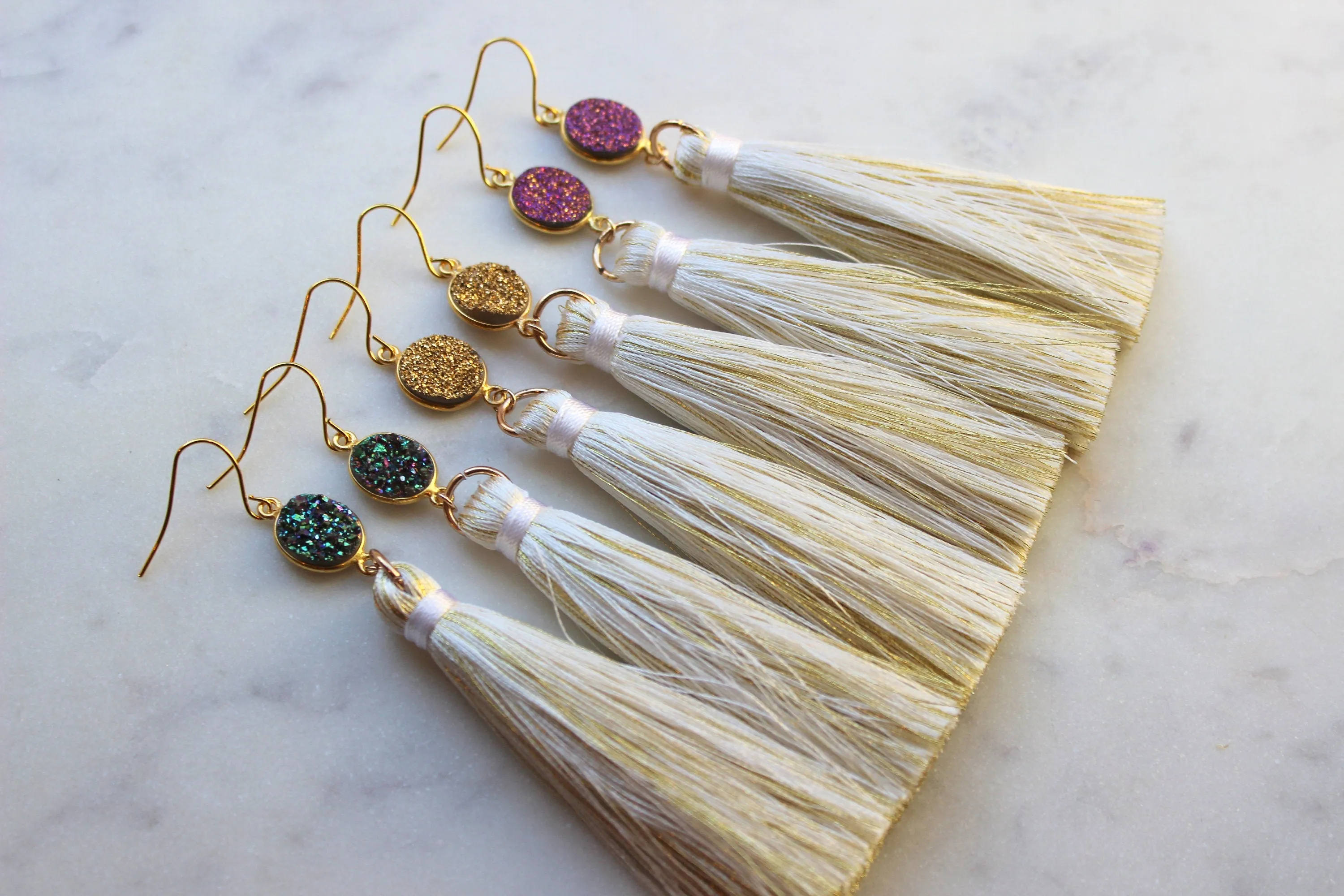 Mardi Gras Earrings, Mardi Gras Jewelry, Gold and Cream Tassel, Gold Tassel Earrings, Statement Earrings, Druzy Earrings, Festival Earrings