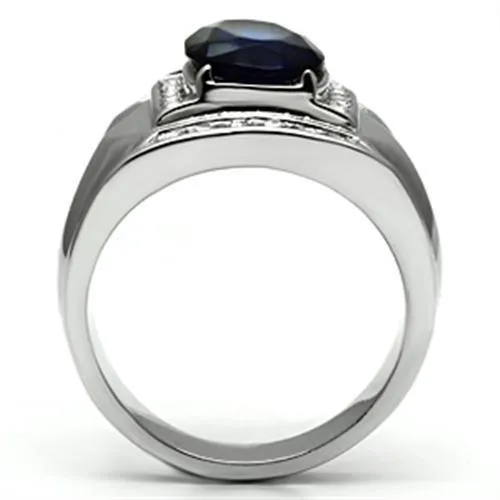 Mens Gorgeous Blue Stainless Steel Synthetic Glass Rings