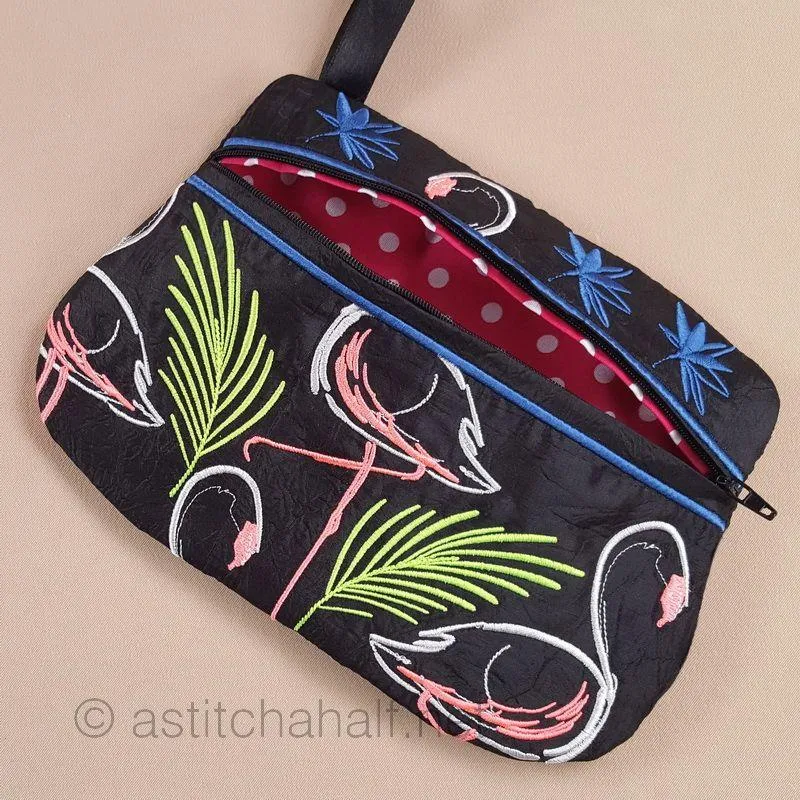Midnight Flamingos ITH Wrist Purse
