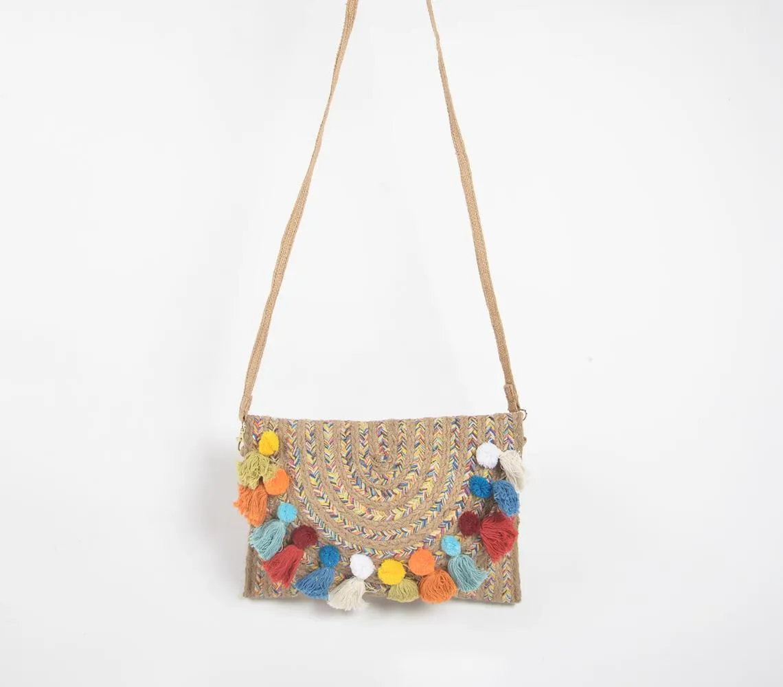 Multicolor Tassels Jute Sling Bag