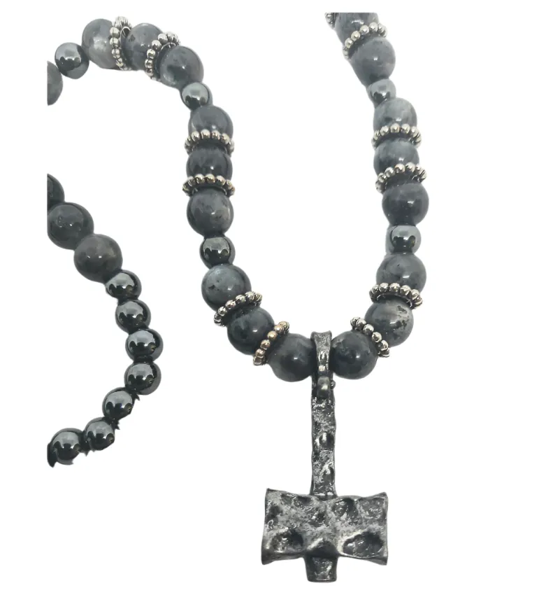Pewter Mjölnir Necklace with Larvikite Crystal