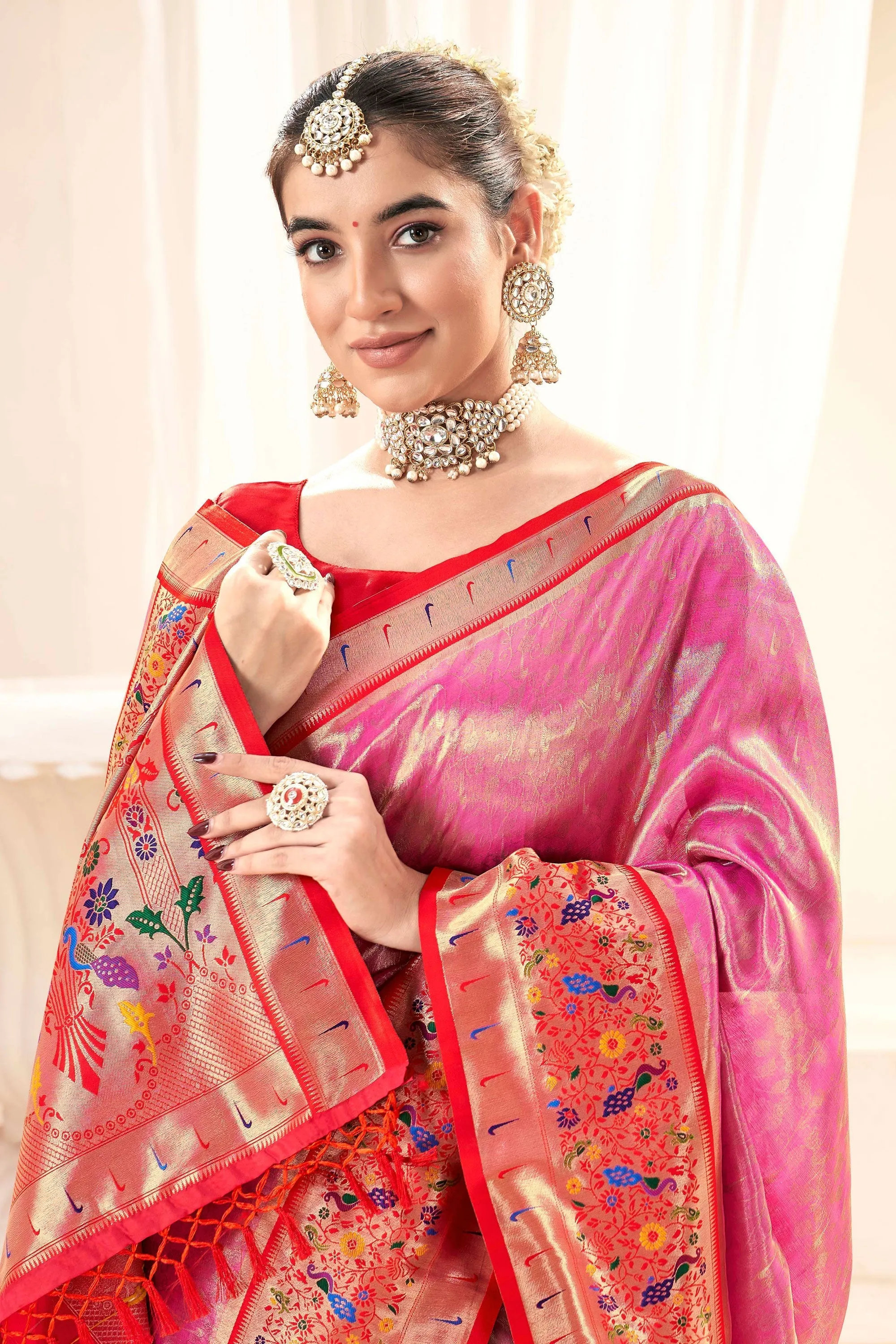Pink Color Gorgeous Handloom Saree With Printed Work