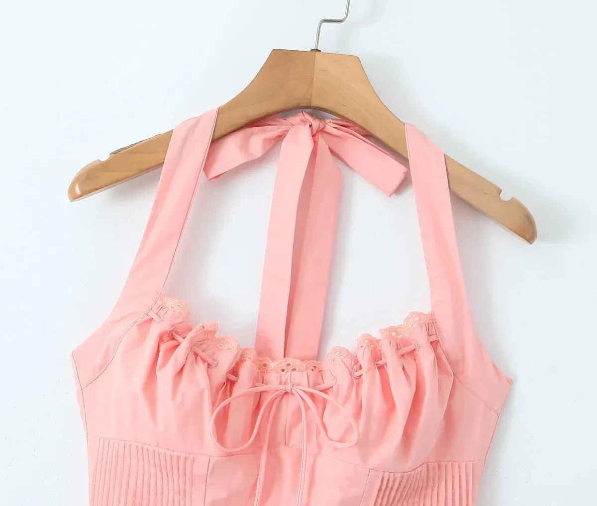 Pink Halter Stylish Drawstring Midi Dress