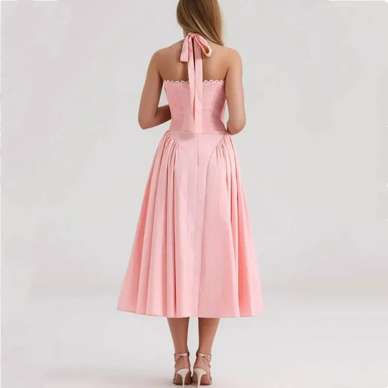 Pink Halter Stylish Drawstring Midi Dress