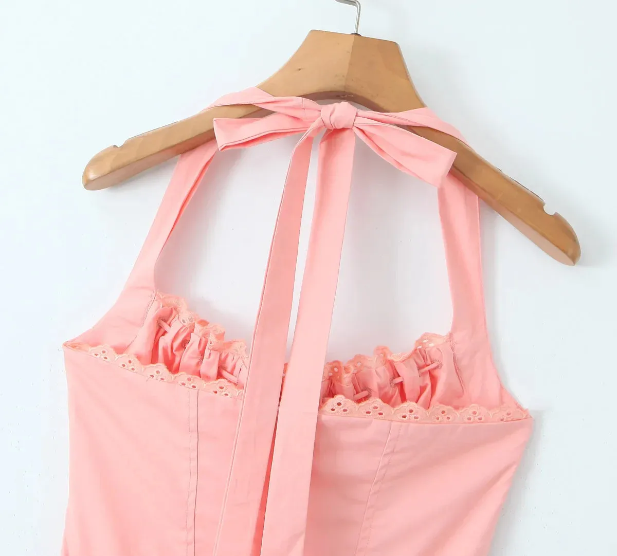 Pink Halter Stylish Drawstring Midi Dress