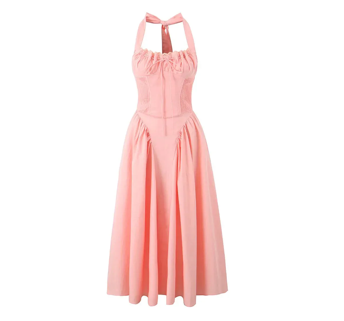 Pink Halter Stylish Drawstring Midi Dress
