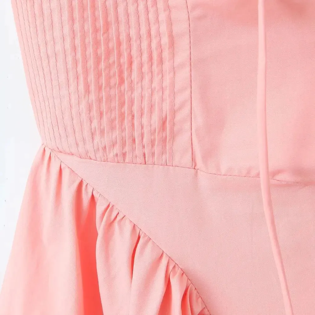 Pink Halter Stylish Drawstring Midi Dress